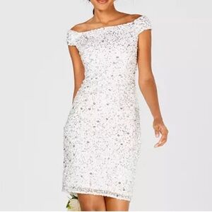 Adrianna Papell Off The Shoulder Beaded Sheath Dress Size 10 silver sequin NWT